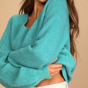 Lulus Change Things Up Teal Multi Knit V-neck Sweater Blue - Size S
